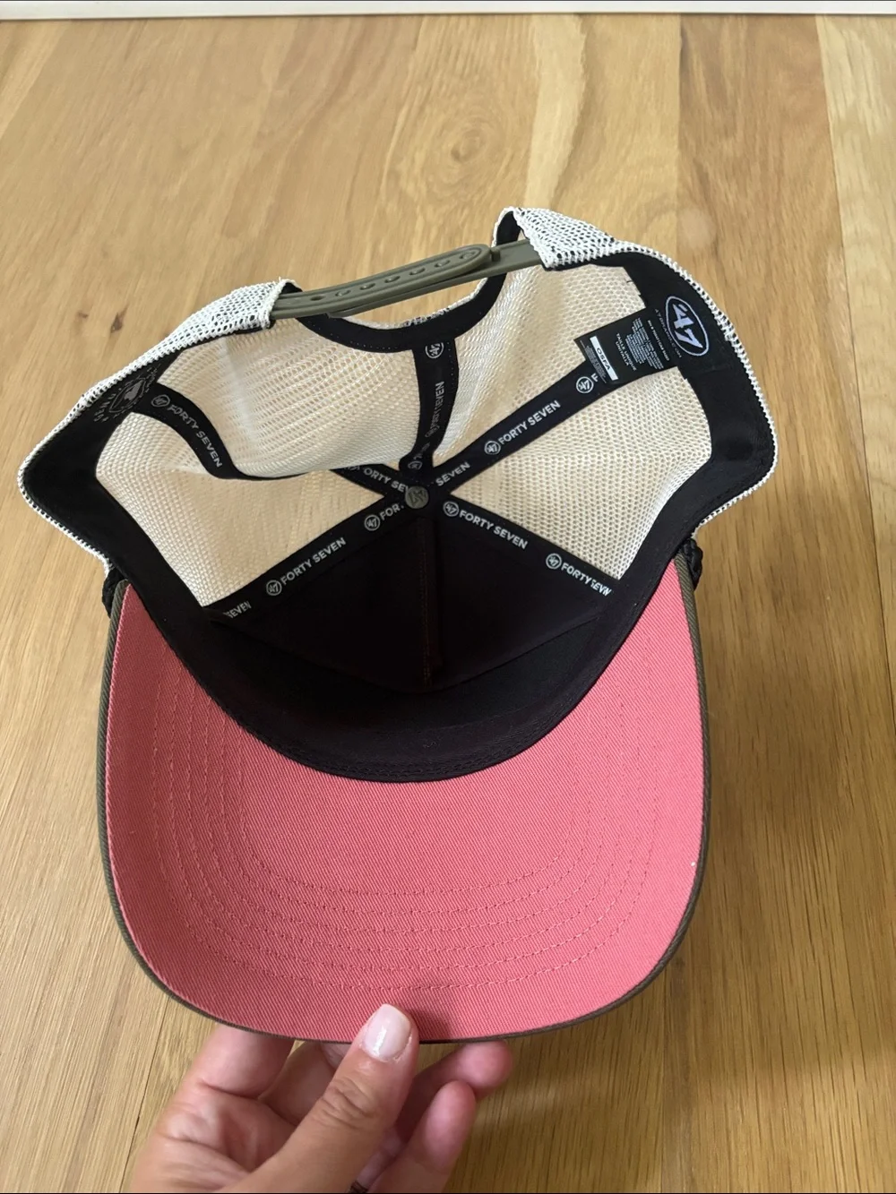 Olive and White Trucker Hat with Embroidered Mets Patch